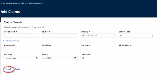 The Claims Search section contains multiple search filter fields for claims. The Search button displays on the bottom left of the search filter fields section.